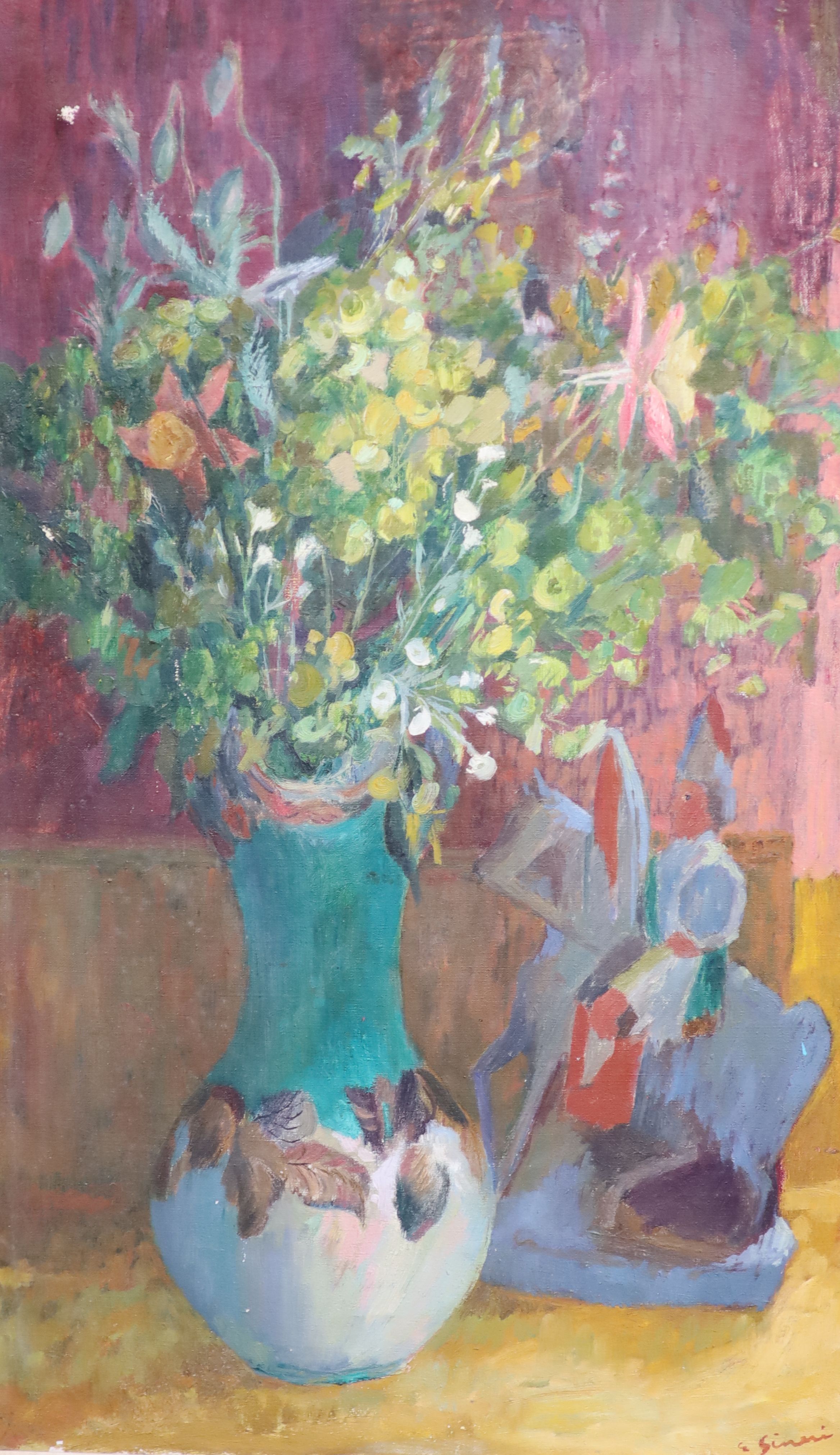 Edna Ginesi (1902-2000), oil on canvas, Still life of flowers in a vase with a figure alongside, signed, 75 x 45cm